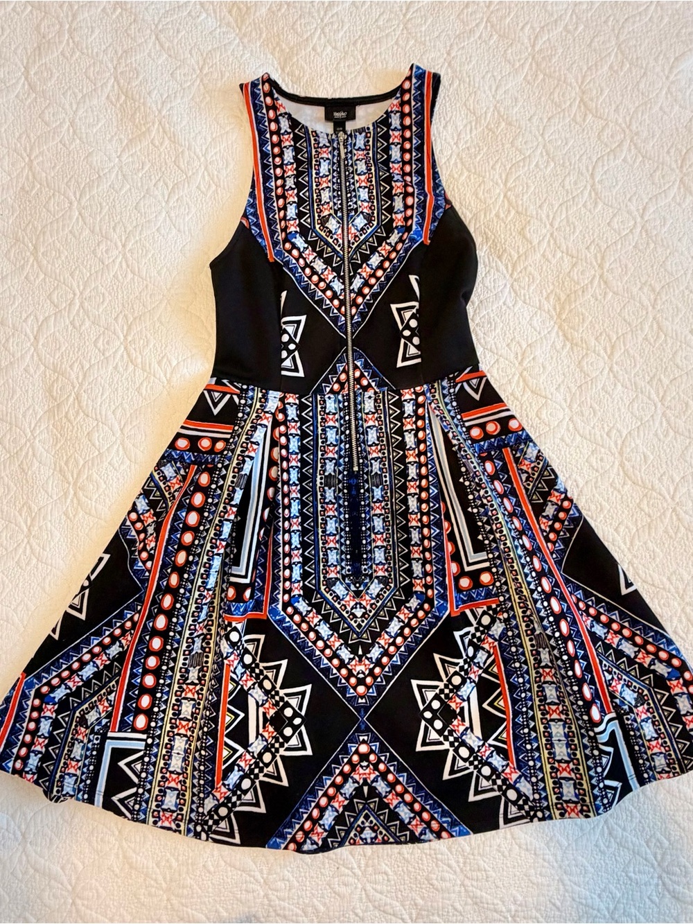 Sleeveless Black Geo-Print Fit & Flare Dress